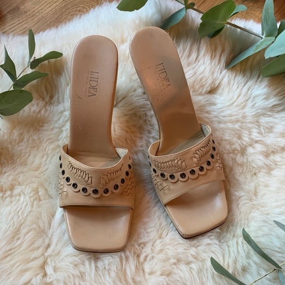 L’Idea Beige Leather Y2K Embellished Mule Slides - Picture 1 of 10